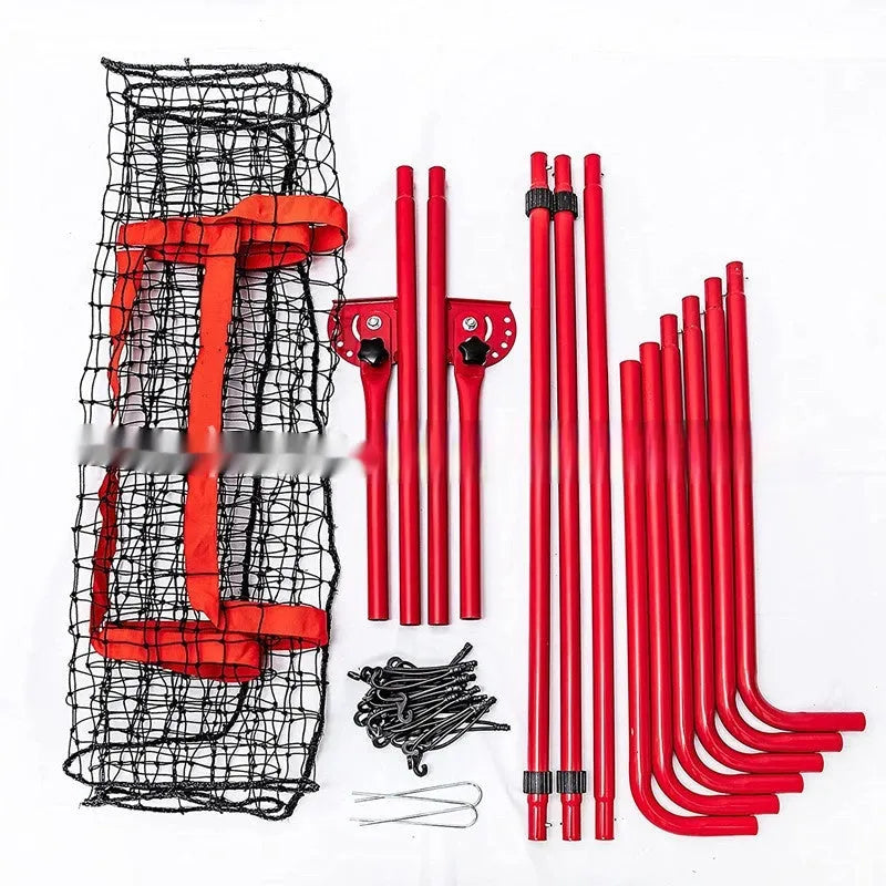Red metal baseball training net 4x6ft set up for outdoor sports practice