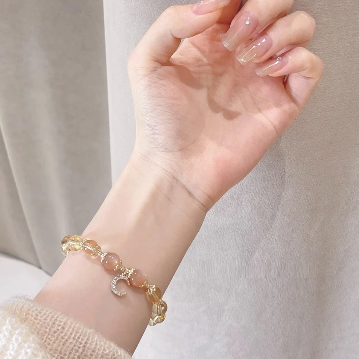 Women's Chinese-style crystal bracelet with 14K gold electroplated finish and diamond-shaped citrine moon design