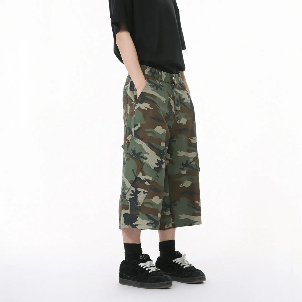Men's camouflage cotton trousers with wide leg loose fit and American side stitching