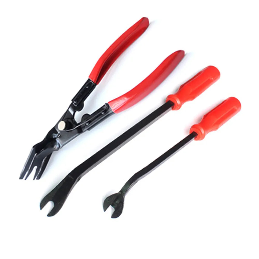 Red handle automotive clip driver and door panel nailing tool for General Motors vehicles