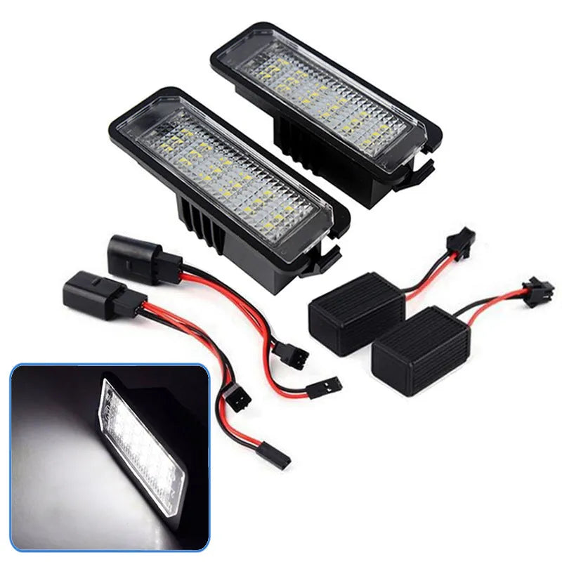 Volkswagen LED licence plate light unit showing SMD LEDs, compatible with Golf, Polo, and Phaeton models.
