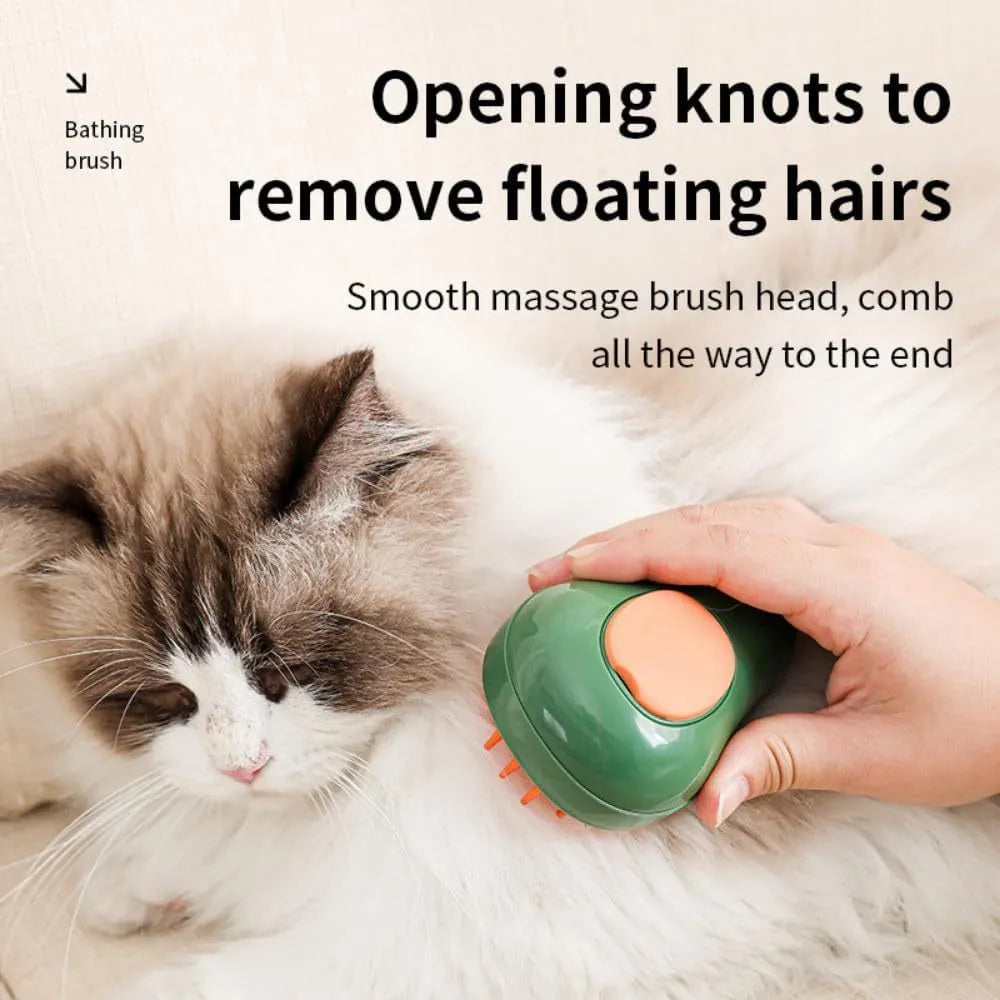Green and white cat steam brush with water spray function and silicone bristles for pet grooming