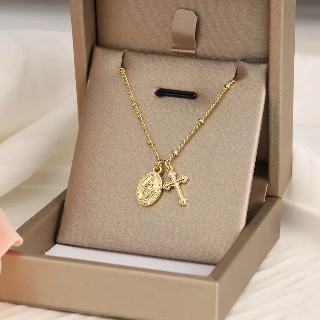 Gold geometric cross Virgin Mary necklace for women with simple chain