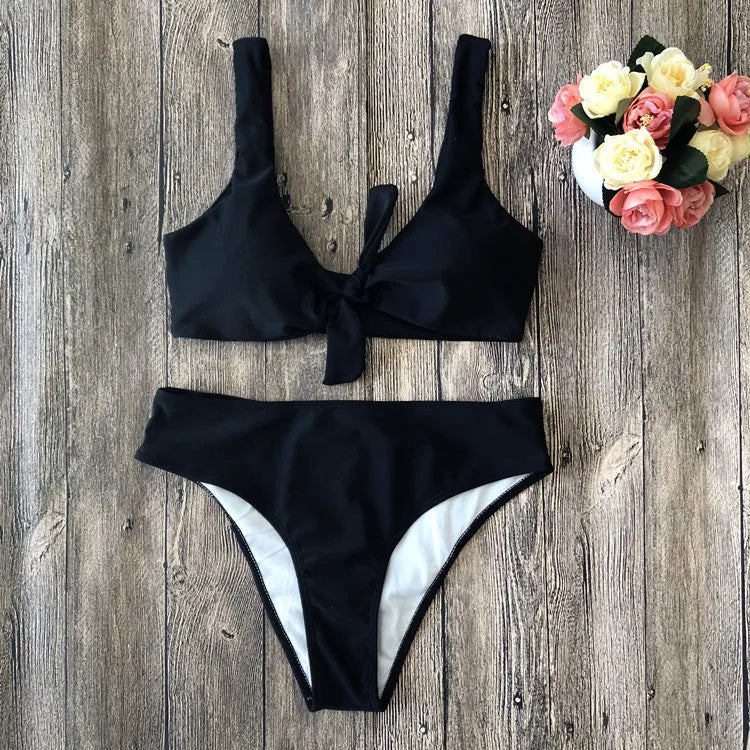 Women's pure colour bikini set in European American style with tight fit