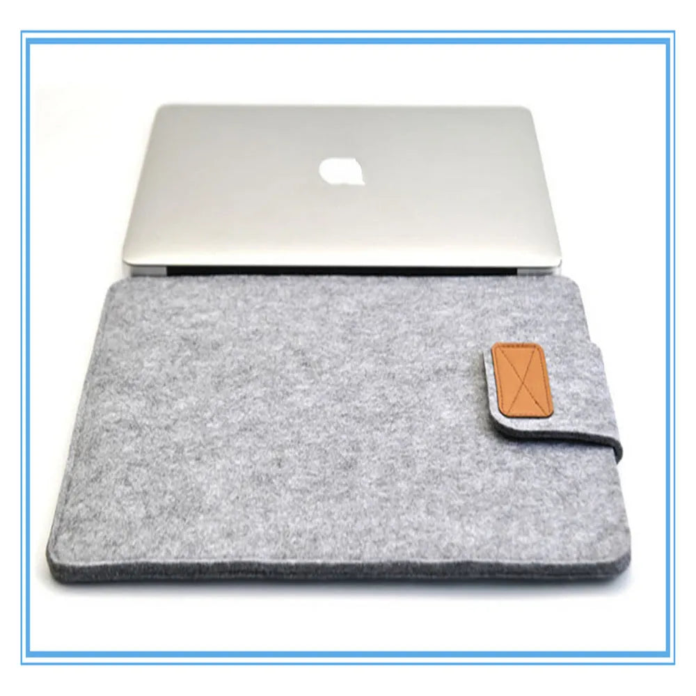 Clamshell laptop bag in khaki with woven plush exterior, shown open to reveal tablet felt liner and corner protector