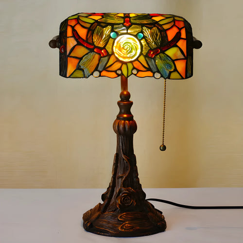 10-inch Tiffany table lamp with coloured stained glass shade on resin base for study room decoration