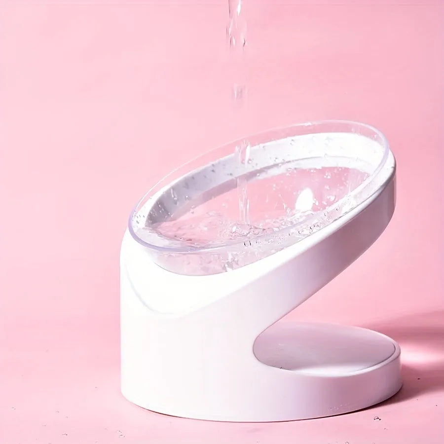 Clear plastic tilted cat food bowl for ergonomic feeding and neck protection