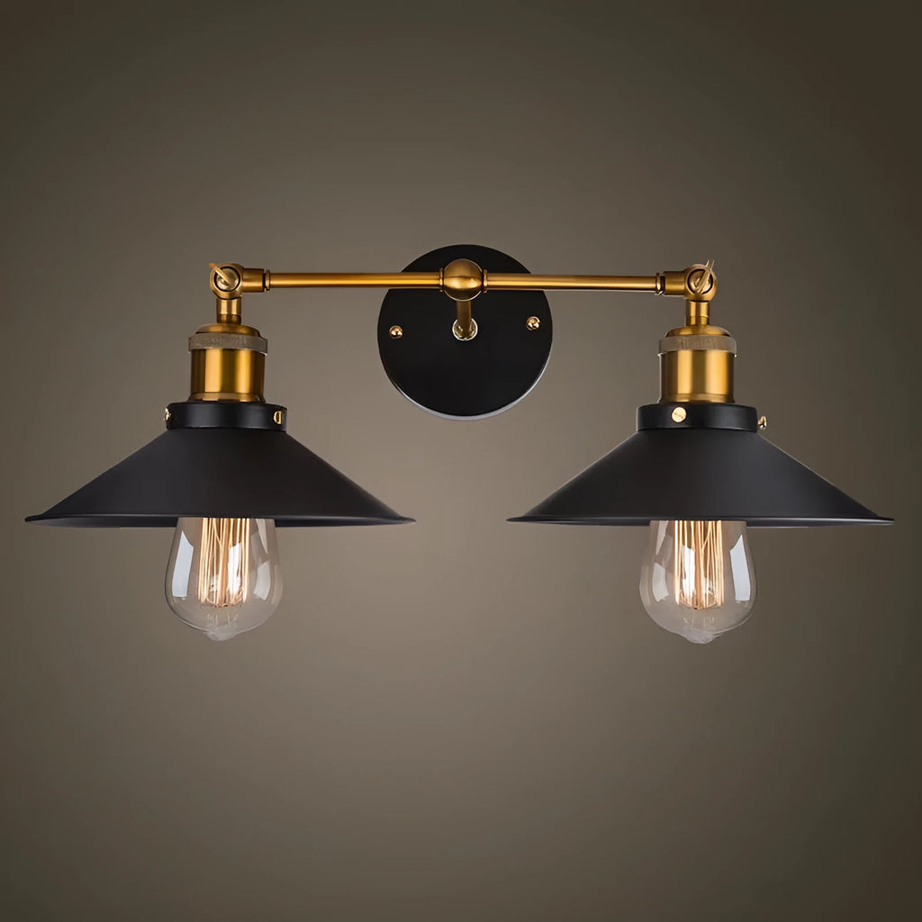 Black iron industrial-style wall lamp with two adjustable heads in a retro design