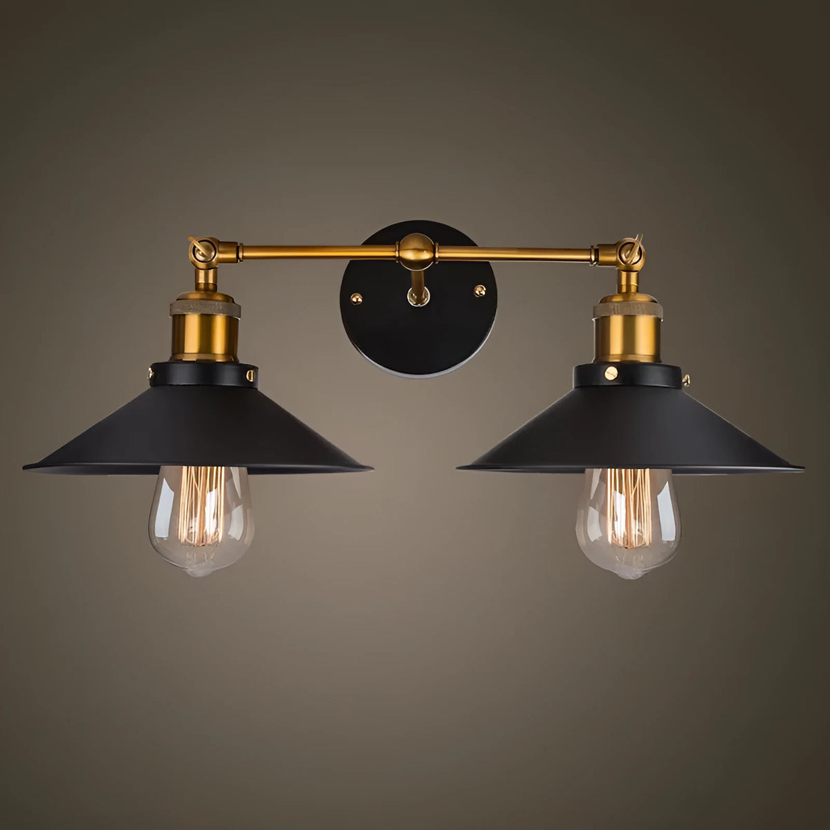Black iron industrial-style wall lamp with two adjustable heads in a retro design