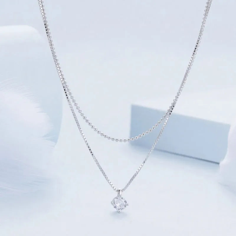 S925 sterling silver double-layer necklace with pearl chain in silver colour.