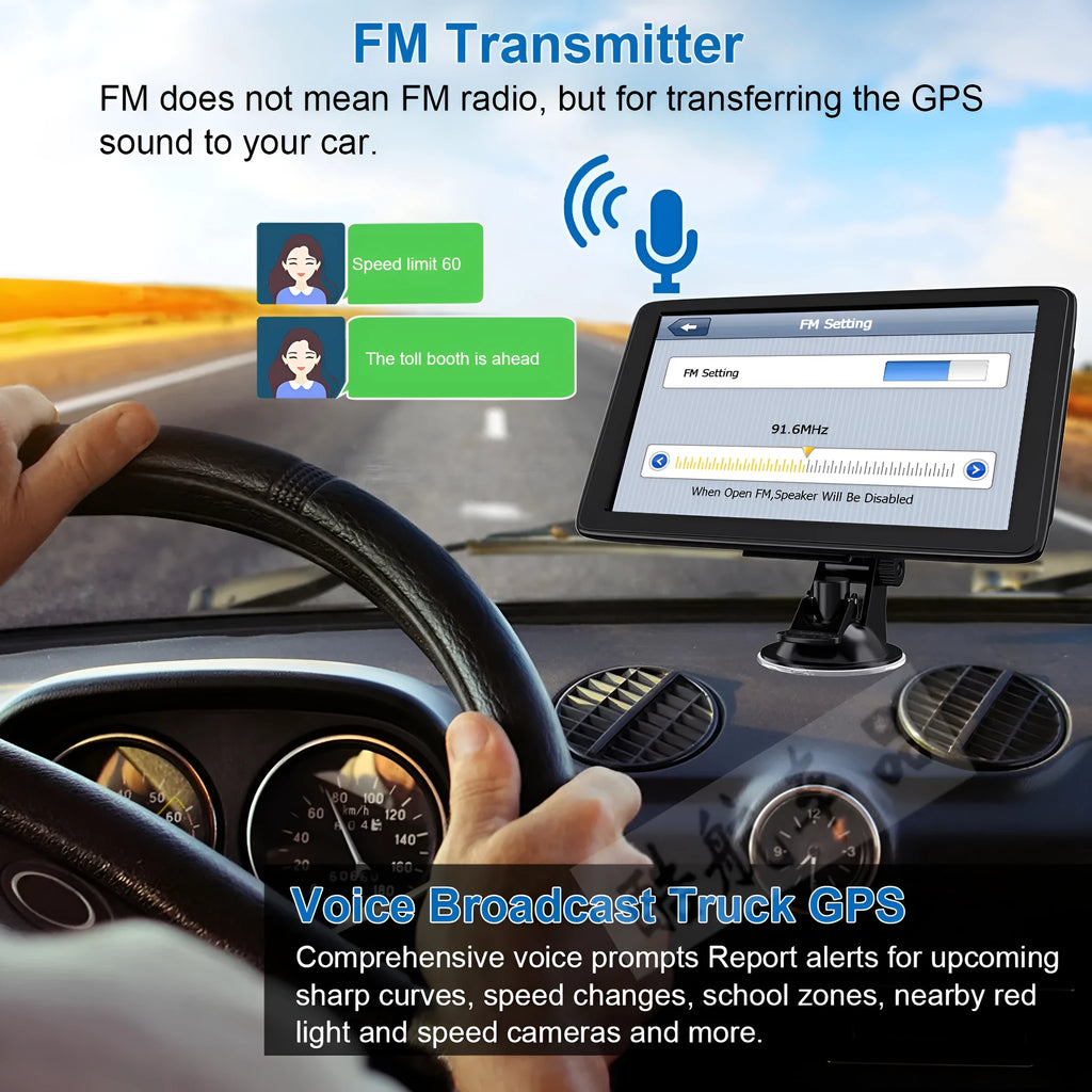 7-inch portable car GPS navigation device with touch screen showing maps, includes charger and mounting bracket