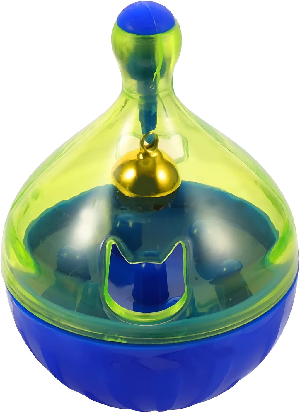 Blue tumbler-shaped dog and cat treat dispenser ball with food opening for interactive pet play