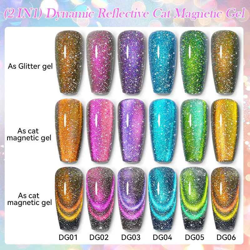 Cat eye series UV gel nail polish bottles showing diamond debris effect with glitter and fragments in six colour styles