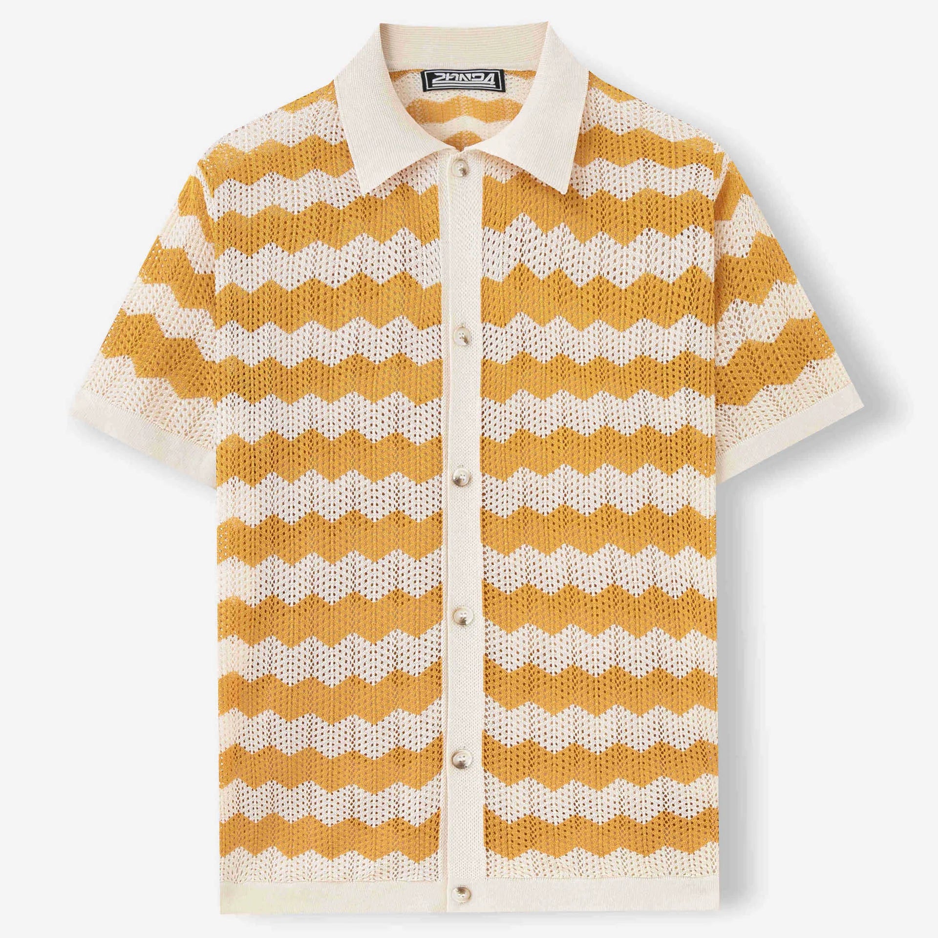 Man wearing a yellow hollow jacquard corrugated short sleeve sweater in an American casual style.