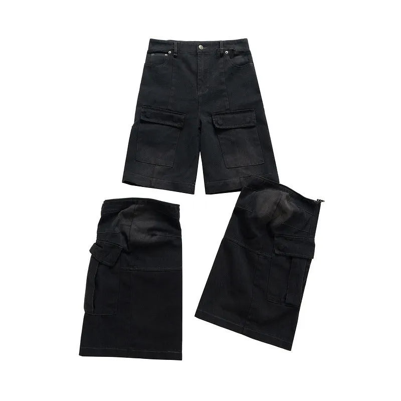 Teenager wearing black detachable washed-out cotton overalls with multiple pockets.