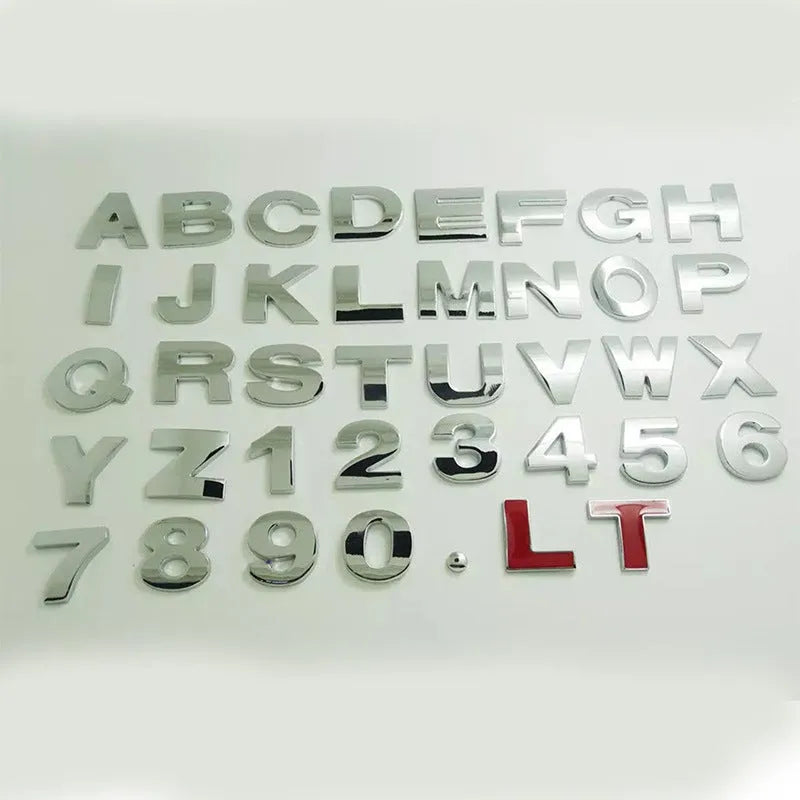 3D metal car bumper sticker with raised English letter on vehicle surface