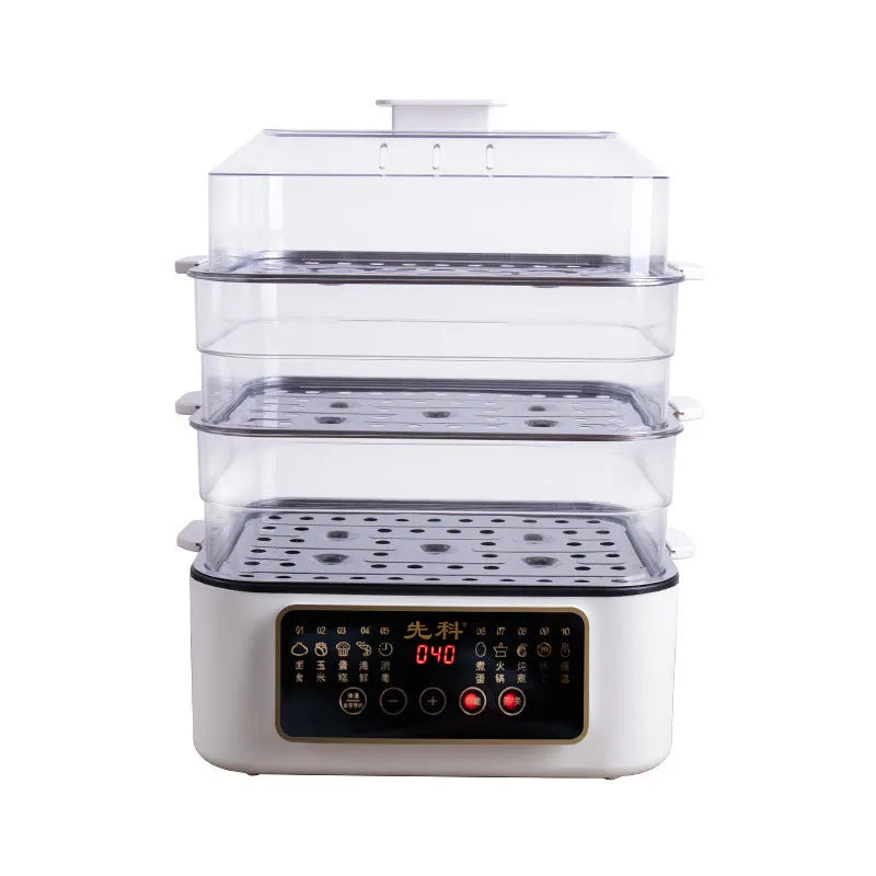 Stainless steel electric steamer with automatic water measuring and 10L capacity