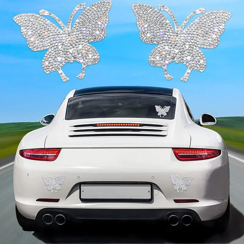 White diamond drill finish car sticker showing butterfly and bear paw design options on glass.