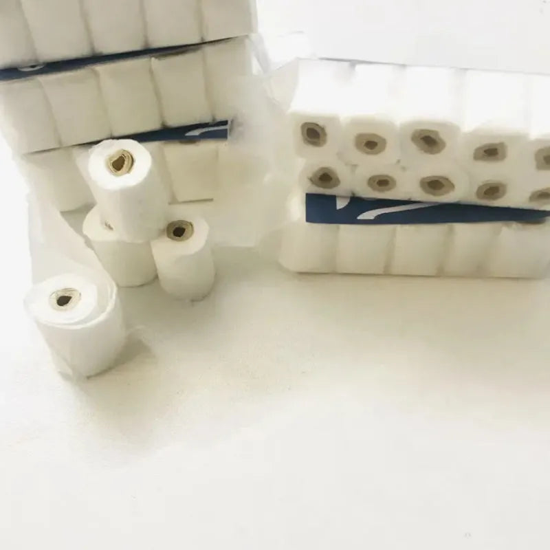 Miniature simulated toilet paper roll model made from paper, shown at 30mm by 15mm by 80mm scale.