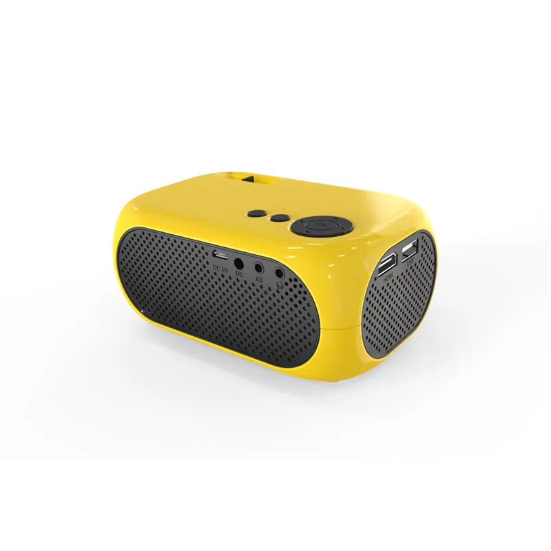 M24 gold micro mini projector with power adapter and AV cable on white background