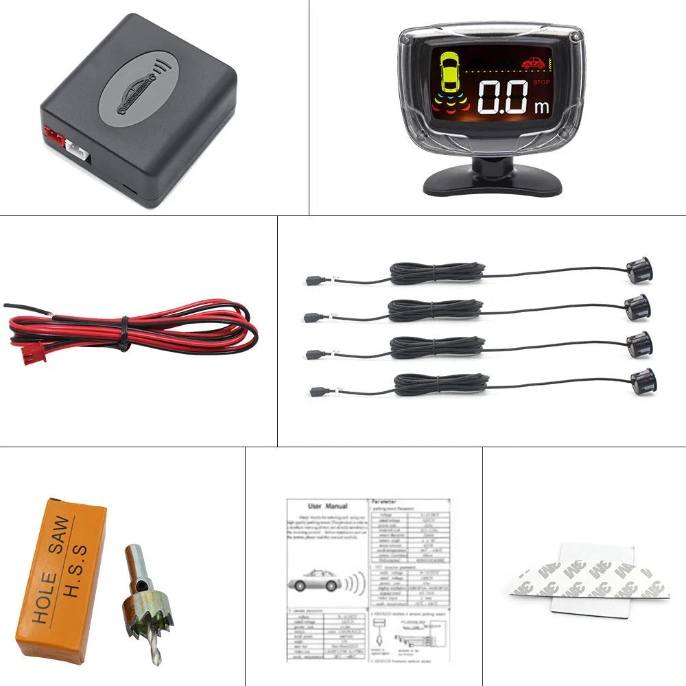 Wireless vehicle reversing sensor kit with digital display unit, four ultrasonic probes, and installation tools.