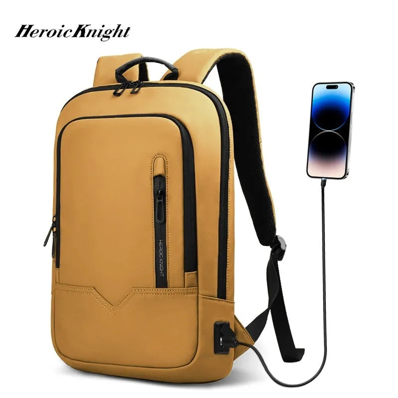 Lightweight polyester commuter backpack with USB interface available in 14 and 17 inch sizes in solid colours