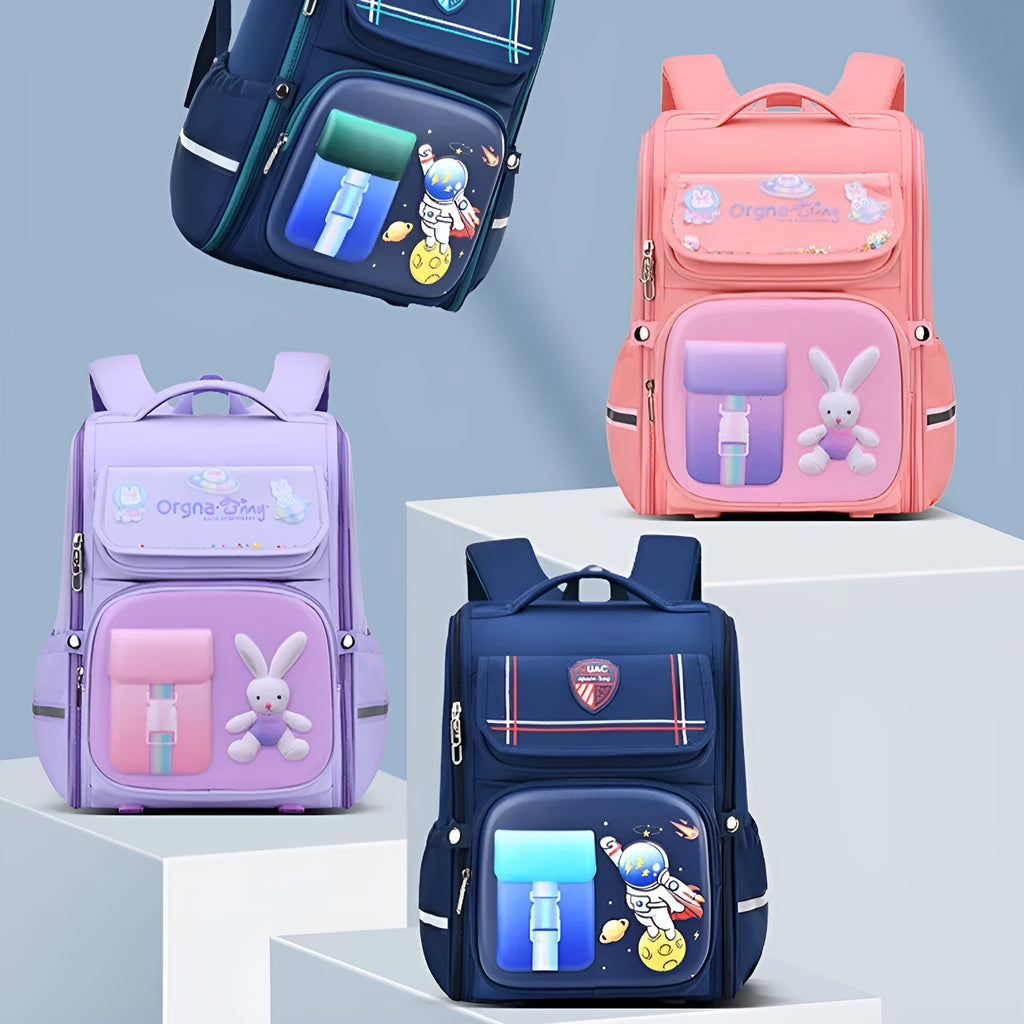 Children's cartoon backpack with animal patterns featuring airpillow straps and waterproof Oxford cloth construction