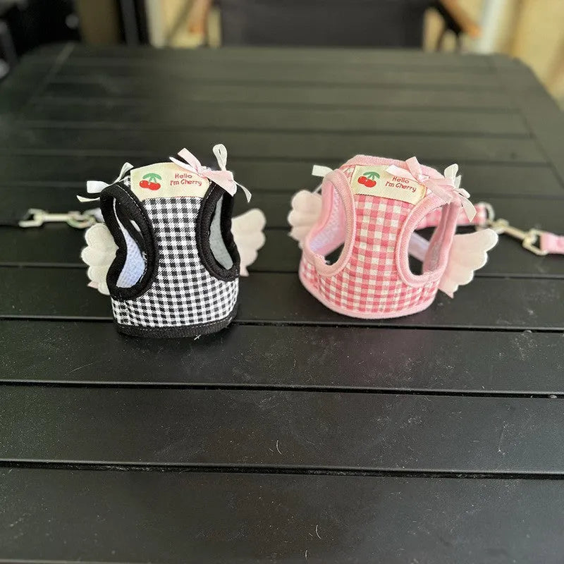Cotton chest and back hand holding rope harness for small dogs in pink and black colours with size options