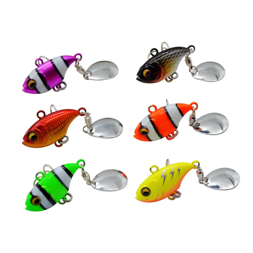Metal fishing lure with rotating sequin in zebra stripe, black, purple, orange, green, and gold colour options.
