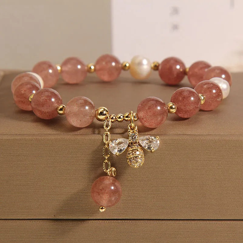 Women's strawberry quartz and freshwater pearl bracelet with zircon details and alloy clasp