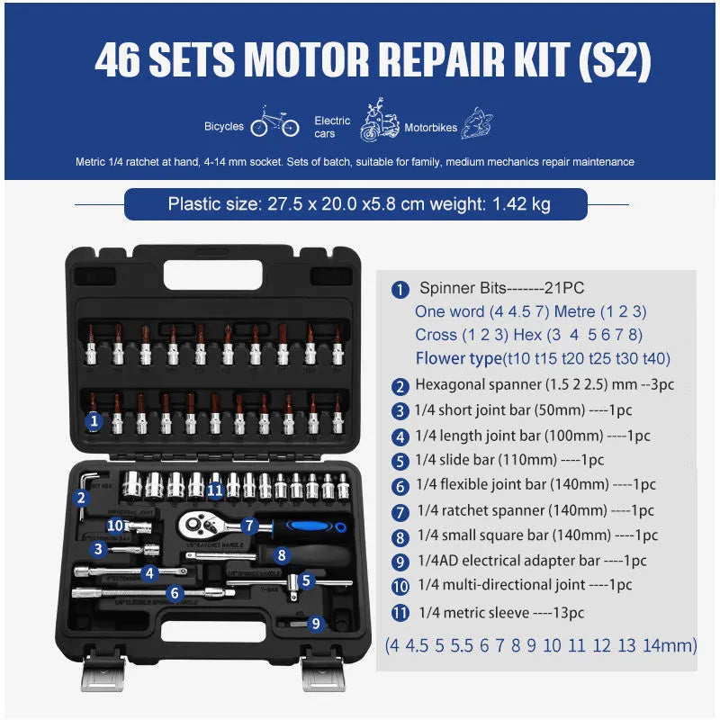 Chromium vanadium steel socket ratchet wrench set for car and home repair.