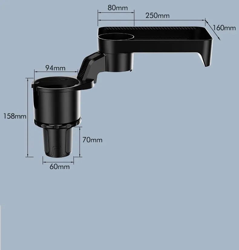 Black ABS plastic car cup holder with 360-degree rotating dinner plate on vehicle dashboard