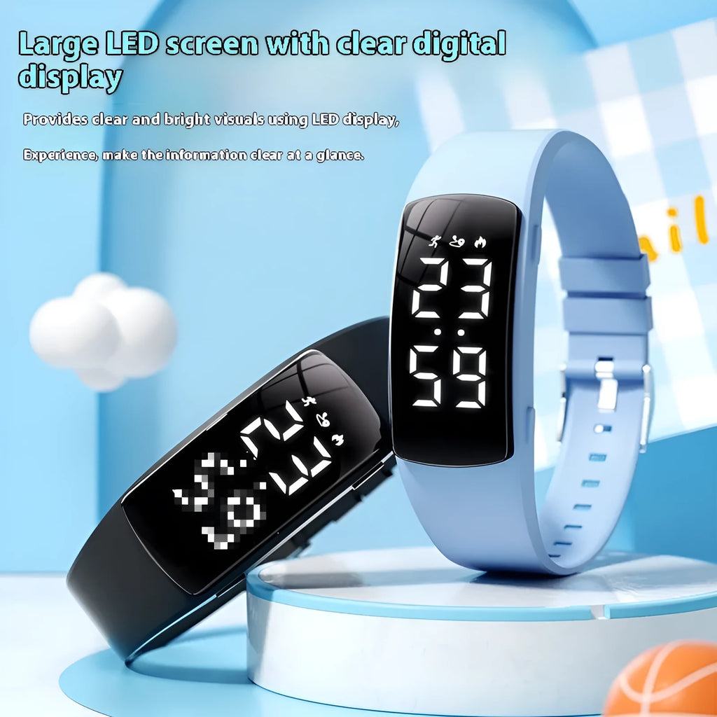 Smart vibration alarm clock watch with coloured silicone strap and LED display on a wrist.