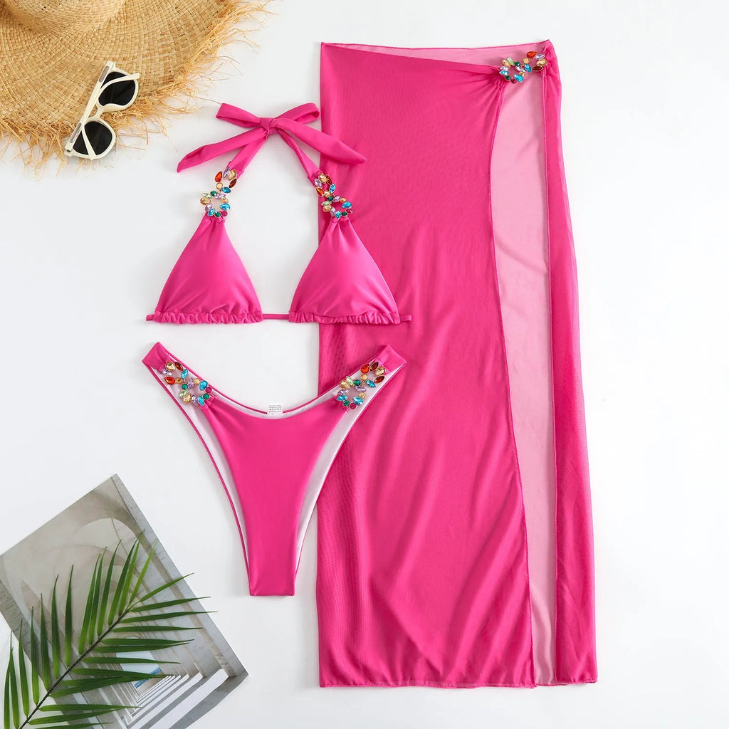 Women's light diamond solid colour three-piece swimsuit with mesh skirt in rose red or yellow