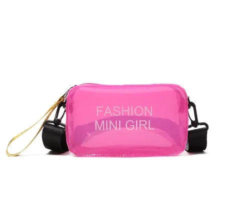 Transparent square jelly shoulder bag in hard PC material with adjustable strap and fresh sweet design