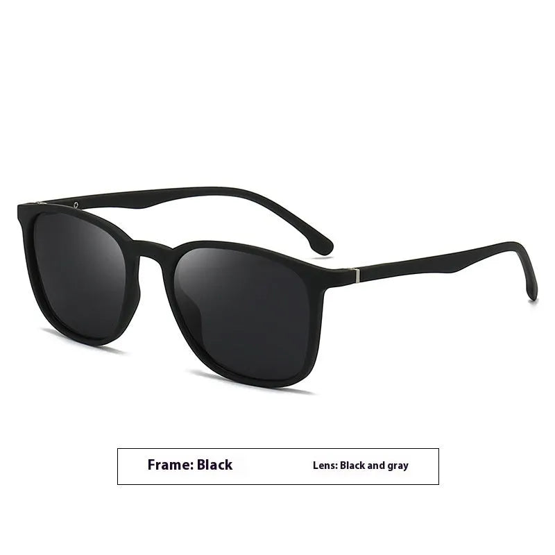 Men's polarised sunglasses with PC frame, spectacle foot design, and dark lenses showing UV400 protection