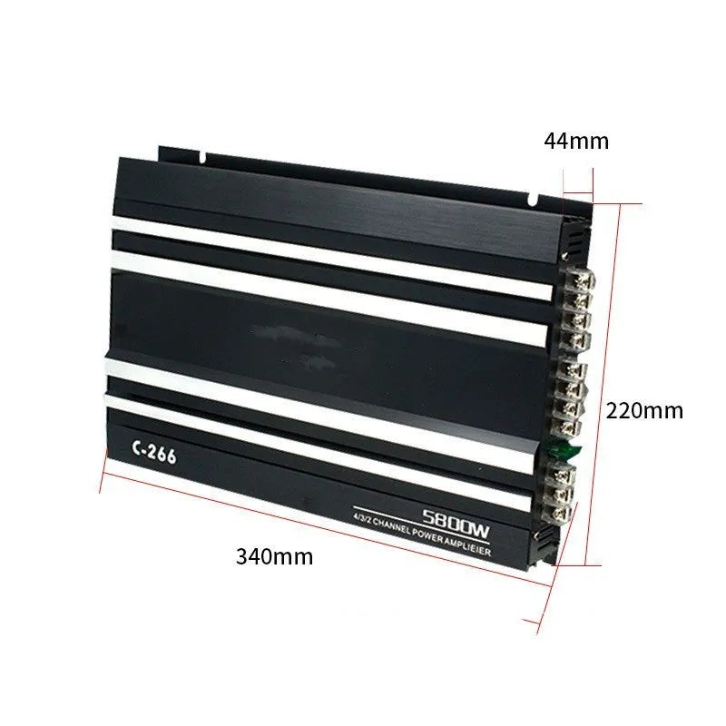 Four channel car amplifier in aluminum alloy with Silver Black C266 finish, 12V, 240W at 4Ω, 2-4ω impedance.