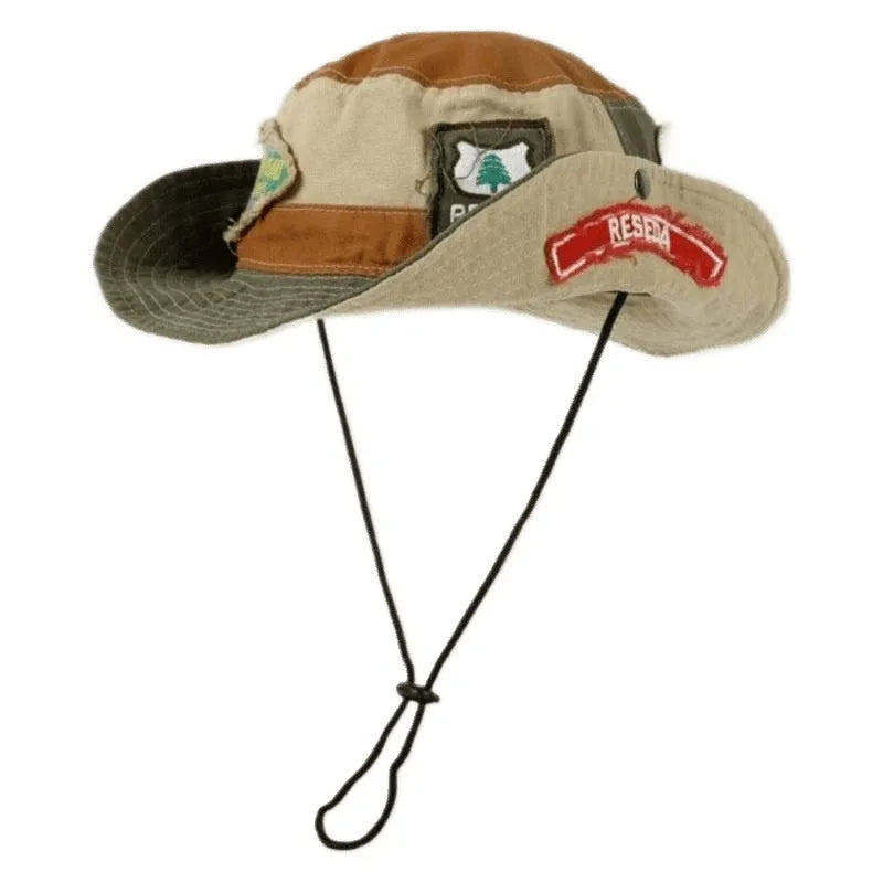 Army green cotton fisherman hat with hand-painted patchwork and flat top crown