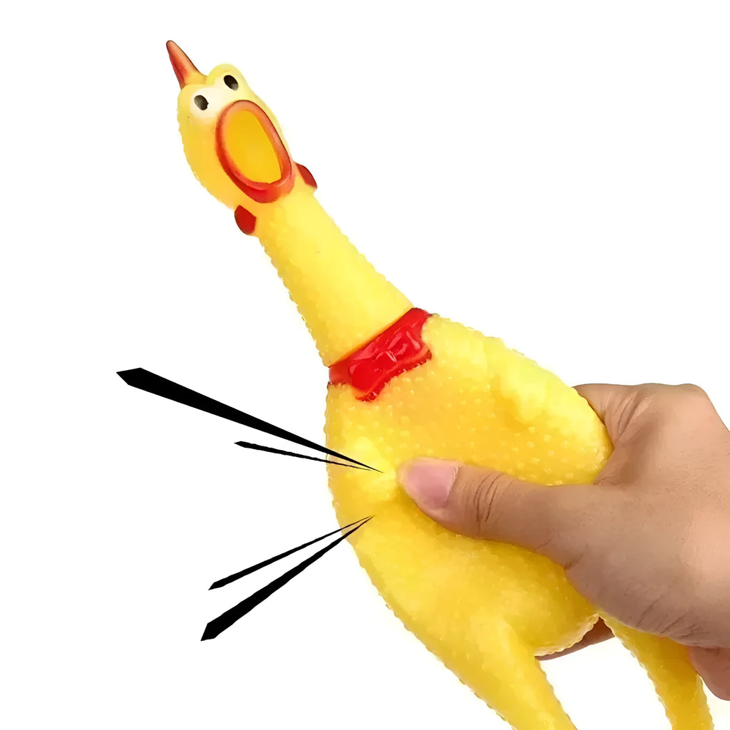Yellow rubber screaming chicken dog squeak toy showing three size options