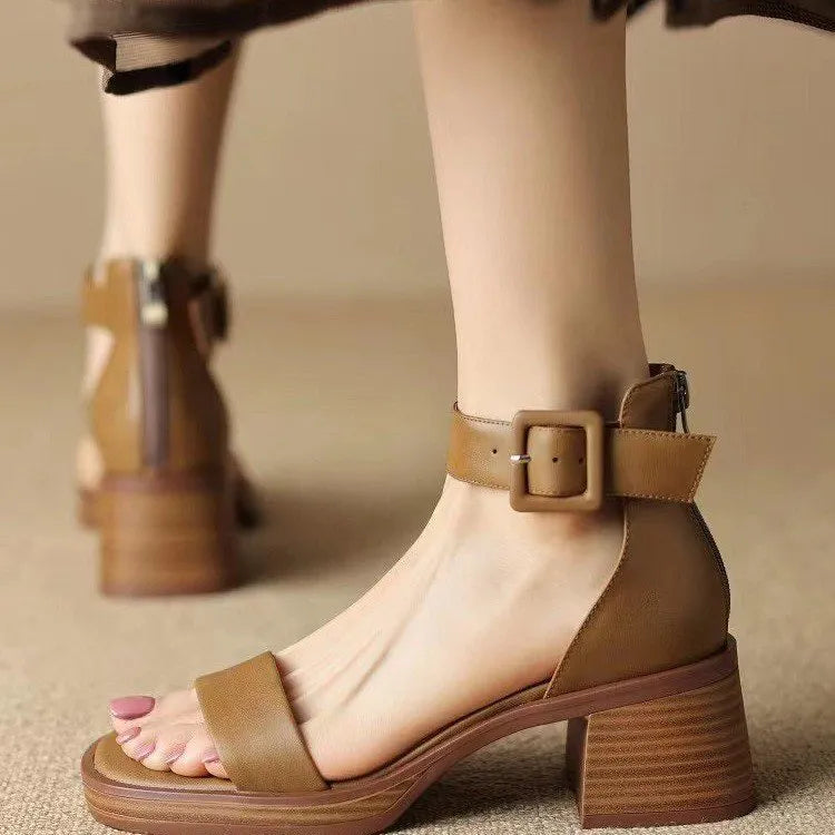 Retro ankle-strap platform heels for women in khaki colour with round toe and PU leather construction