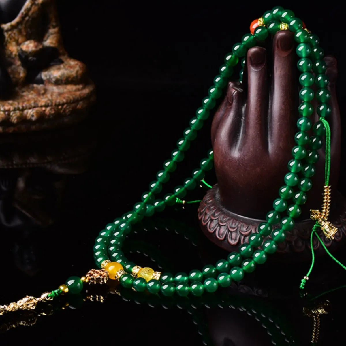 Handmade multi-circle bracelet with green agate beads from Brazil, shown in unisex styling.