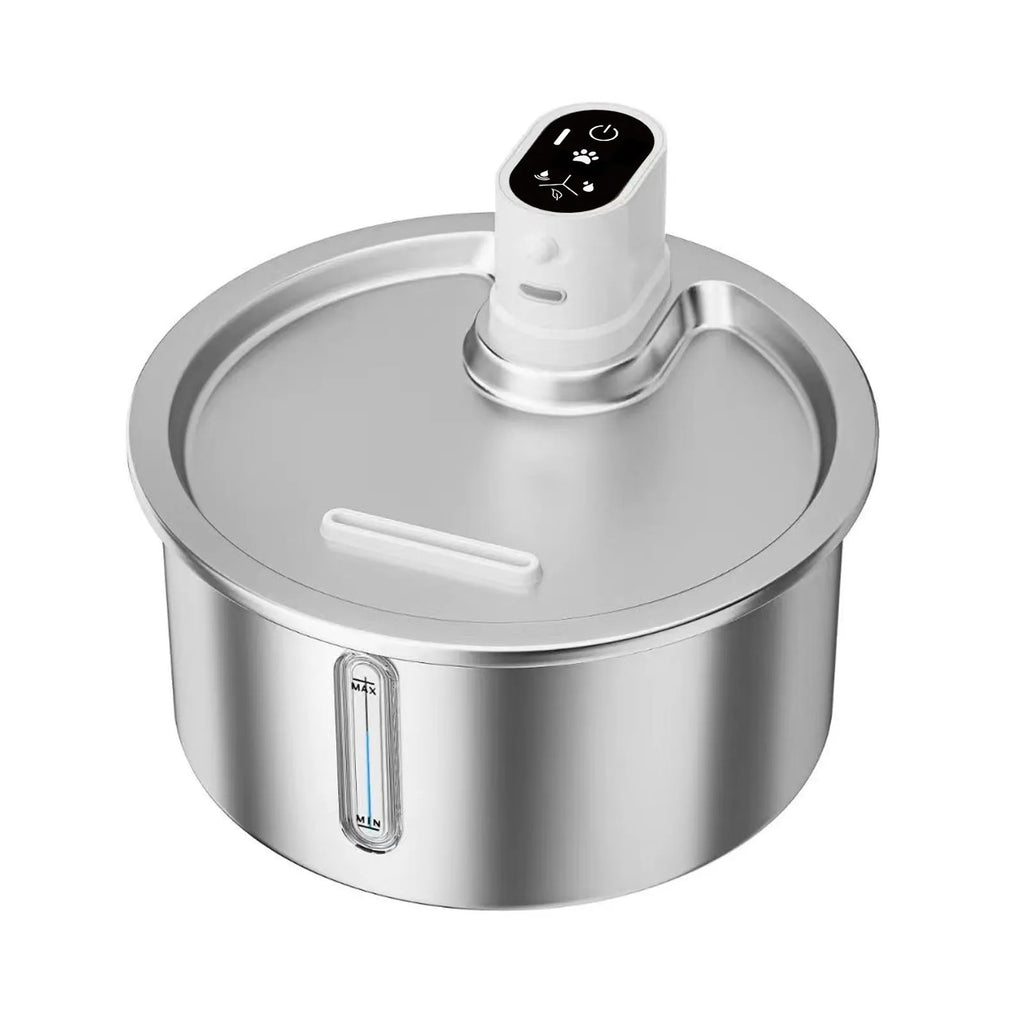 Stainless steel heated pet water fountain for cats and dogs on a white base with control buttons