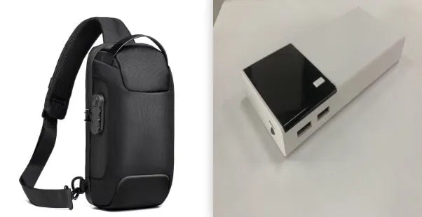 Black 20000mAh power bank measuring 135mm by 60mm with charging cable