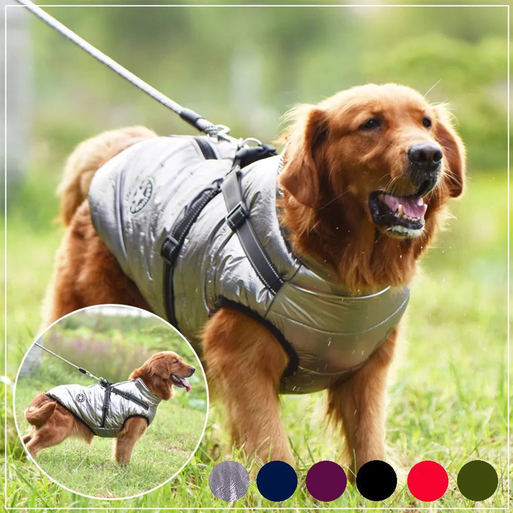 Waterproof dog coat with built-in harness in red, navy blue or army green colours