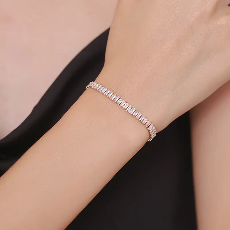 Rectangular brass bracelet with full diamond pattern from inlaid zircon treatment in champagne gold colour