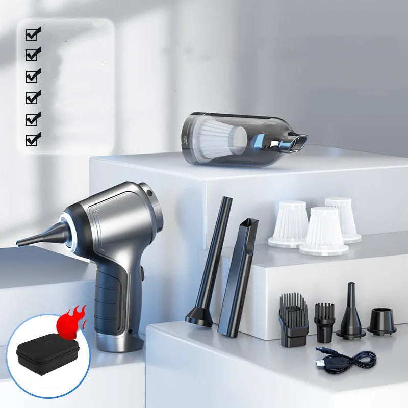 Handheld car vacuum cleaner with brushless motor and inflatable nozzle attachment on grey background