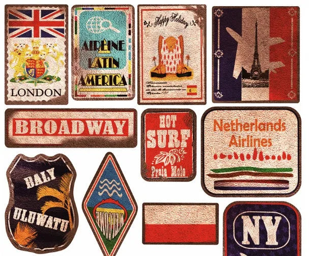 Assortment of large retro beach and surfing themed vinyl stickers on a white background.