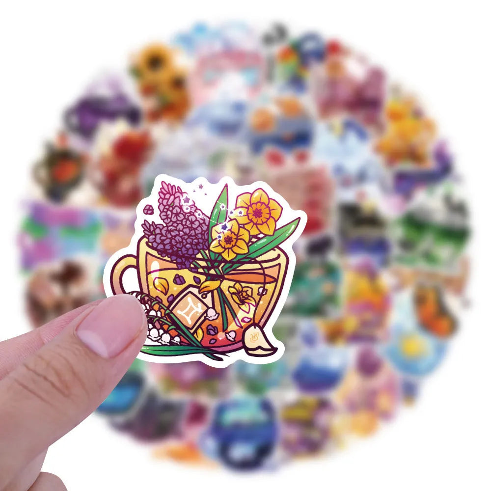 50 piece pack of colourful tea cup graffiti waterproof stickers for sports scooters and luggage in Nordic style