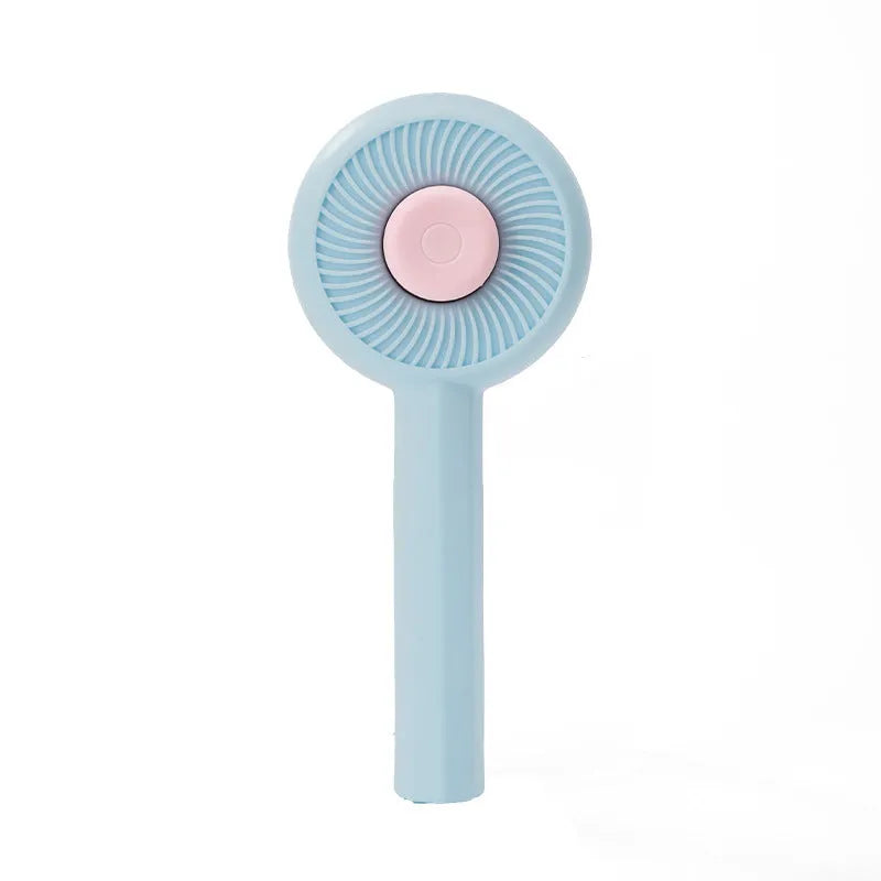 Blue and yellow pet grooming brush with angled metal bristles and a self-cleaning button.