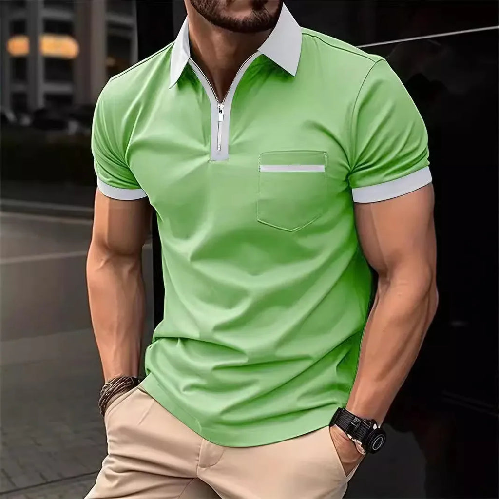 Men's loose fit short sleeve casual shirt with chest pocket and front zip detail in a two-tone colour.